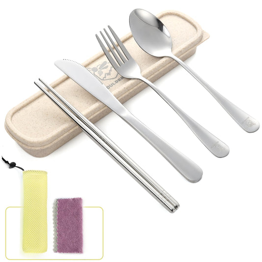 Boulder Bee Travel Utensils | Reusable Camping Cutlery | Stainless Steel Flatware | Portable Silverware Set with Case | Includes Knife/Fork/Spoon/Straw/Cleaning Cloth (Rose Gold)