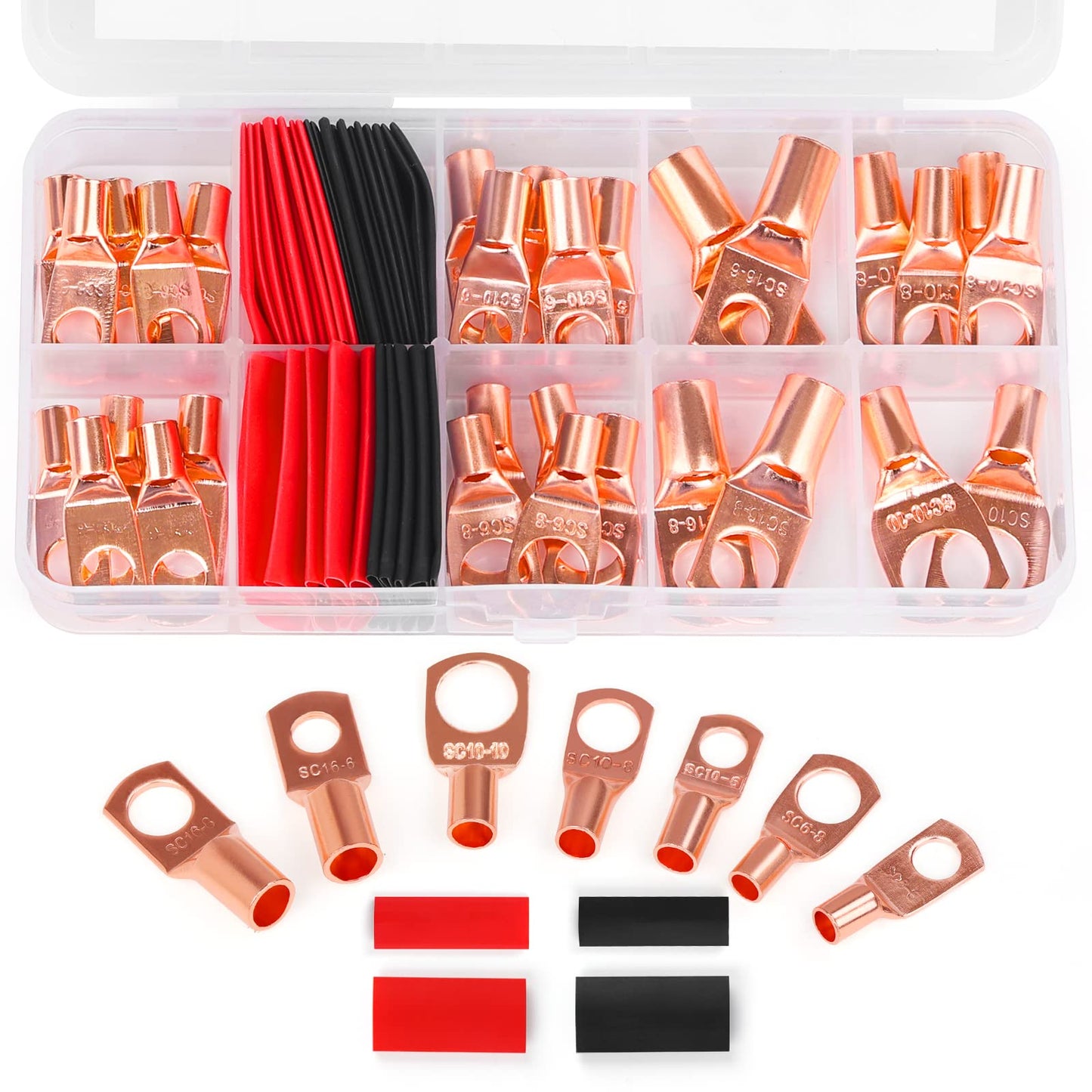 Copper Wire Lugs,Terminal Connectors,Used on AWG12 10 8 6 4 2 Cable,Heat Shrink Set,Bare Copper Eyelets,Ring Terminals Connectors,120Pcs Battery Cable Lugs Ends and 140Pcs Heat Shrink Tubing (260PCS)
