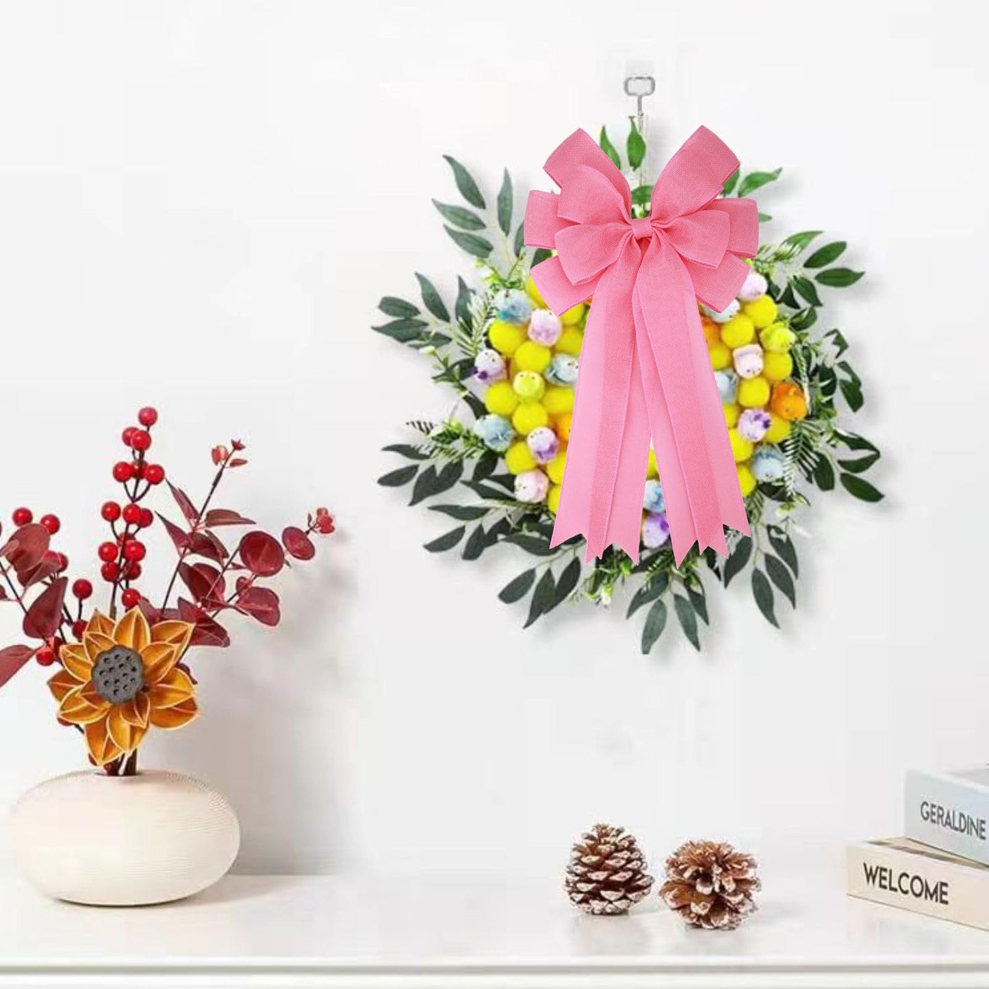 Meseey 2 Pcs 20 x 10 Inch Large Pink Burlap Bows Easter Wreaths Bow for Gift Wrapping Spring Tree Topper Front Door Home Decorations (Pink)