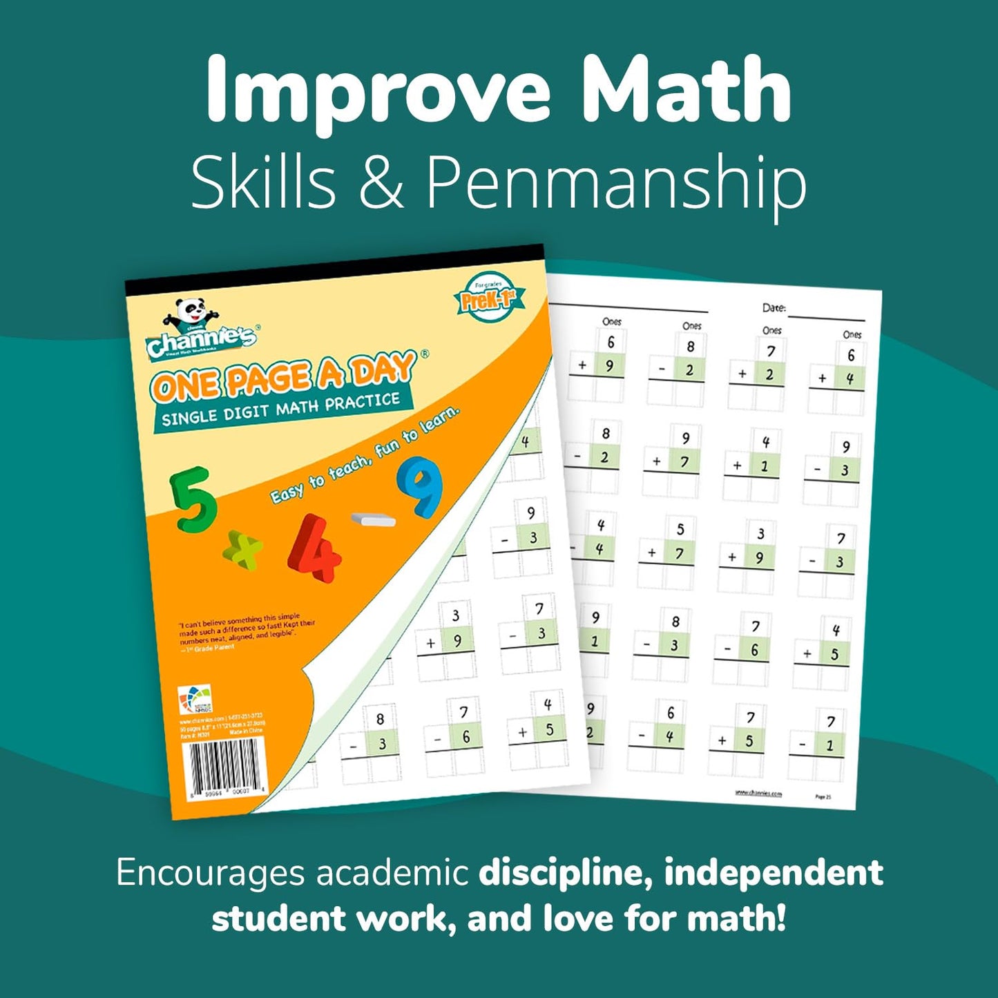 Channie’s One Page A Day Single Digit Addition & Subtraction Workbook for Pre-Kindergarten - 1st Grade Elementary School Students, Single Digit Math Practice, 50 Pages