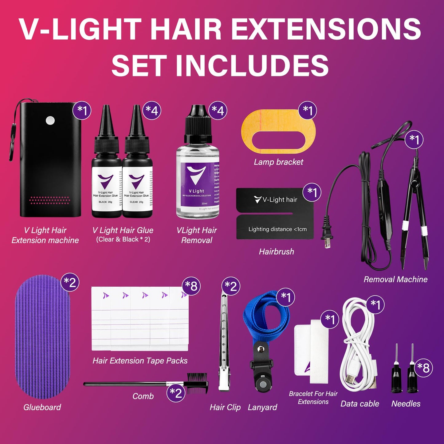 V Light Hair Extensions Kit with 1 Pack UV Lamp 1 Pack Remover Machine 4 Pack Glue 4 Pack Remover Solution
