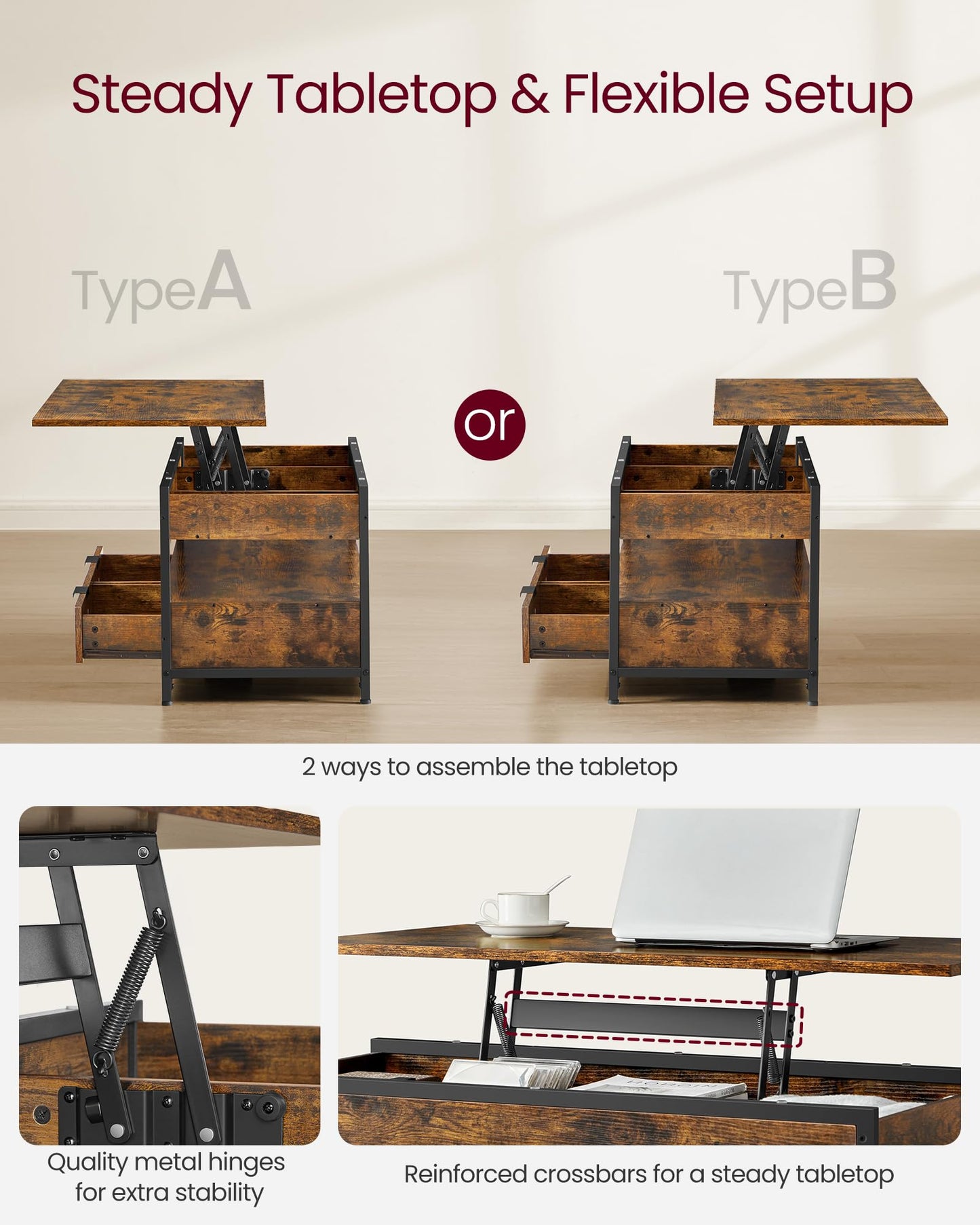 VASAGLE Lift Top Coffee Table with Storage Drawers, Coffee Table for Living Room with Lifting Top, Hidden Compartments and Open Shelf, Rustic Brown and Ink Black ULCT209K01