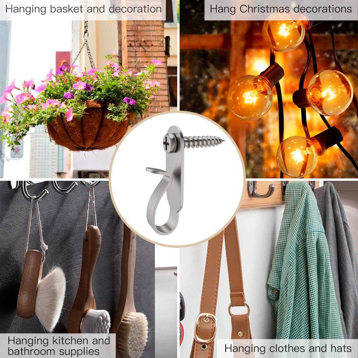 GEZIDEA Hanger Hooks for Christmas Lights, Wires and Fairy Lights, Stainless Steel, 20 Pack