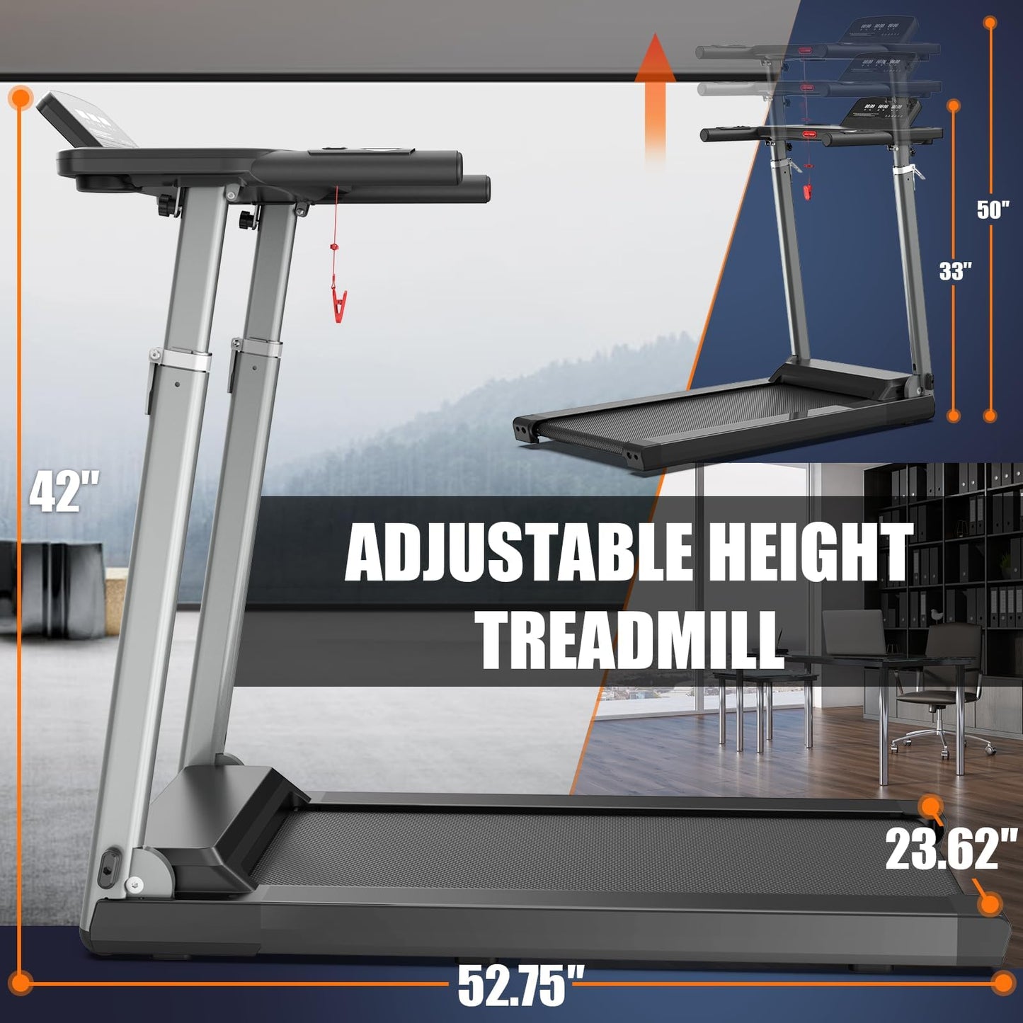 Folding Treadmill with Adjustable Desk & Bluetooth Speaker - Portable, Quiet, and Compact Running Machine for Home Office, Walking, Jogging (300 lbs Capacity)