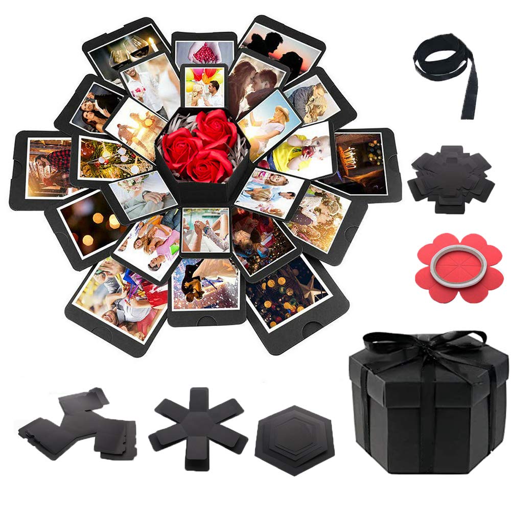 Explosion Box Gifts,Surprise Creative DIY Photo,Exploding Love Box,Love Memory Photo Box with 4 Faces for Anniversary,Birthday,Valentine's Day and Wedding(Black) Square