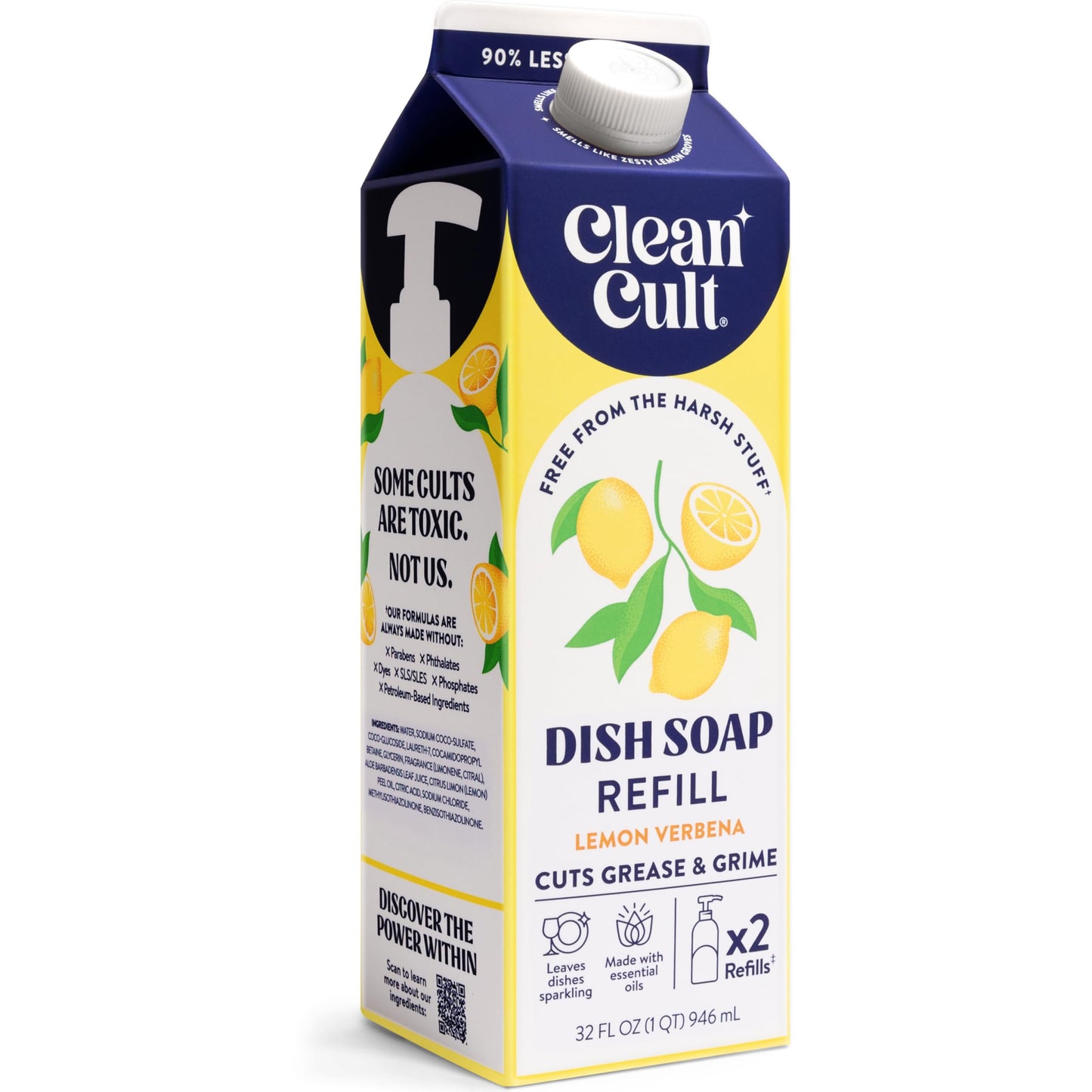 Cleancult Dish Soap Liquid Refills - Plant Based Cleaning Power - Cuts Grease & Grime - Free of Harsh Chemicals - Uses 90% Less Plastic - Lemon Verbena - 32 oz/3 Pack