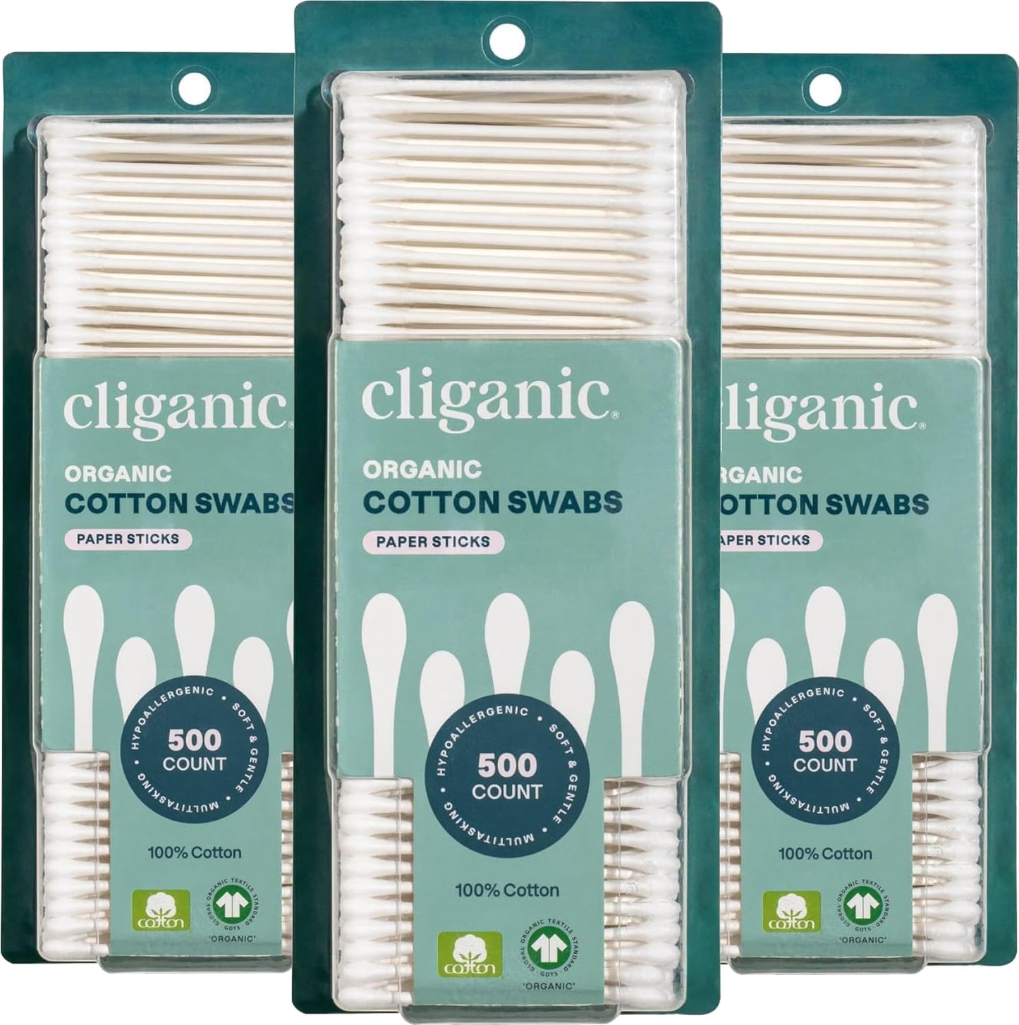 Cliganic Organic Cotton Swabs, 500 Count - 100% Pure Natural Cotton, Chlorine-Free Hypoallergenic, Soft, Gentle & Absorbent Buds