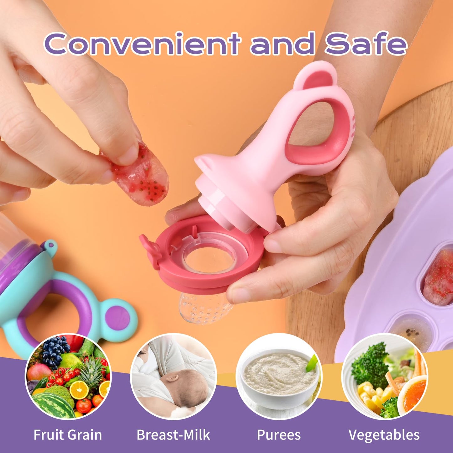 Baby Fruit Feeder & Baby Breastmilk Popsicle Molds, Baby Food Freezer Tray Storage Containers, Silicone Pacifier Feeder and Teether, Includes 6 Extra Food Pacifier