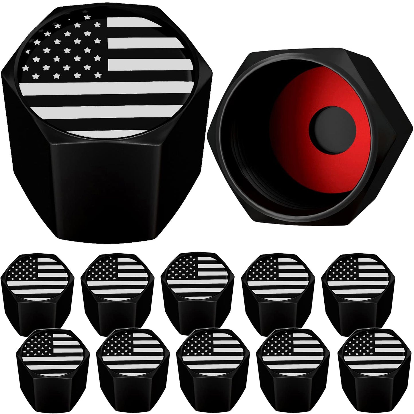 American Flag Tire Valve Stem Caps, USA with O Rubber Ring, Universal Stem Covers for Cars, SUVs, Bike, Bicycle, Trucks, Motorcycles, Airtight Heavy Duty (12 Pack) (Black Gray USA (12 Pack))