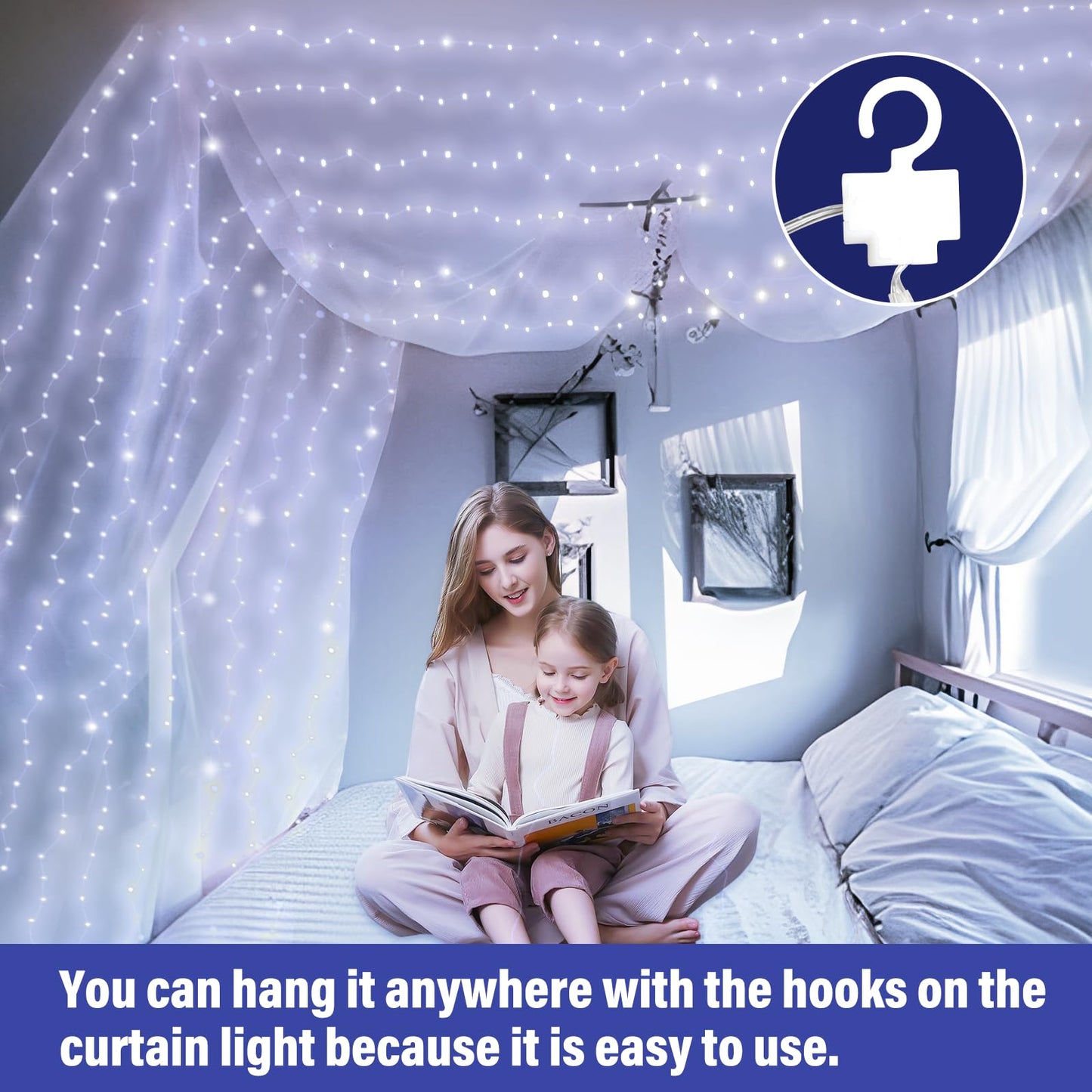 DOVORSY 2 Pc 300 LED Fairy Curtain Light,9.8x9.8Ft Cold White USB Plug in 8 Modes Christmas String Waterproof Lights for Bedroom,Wedding,Party,Garden,Outdoor&Indoor Wall Decorations Twinkle Lights