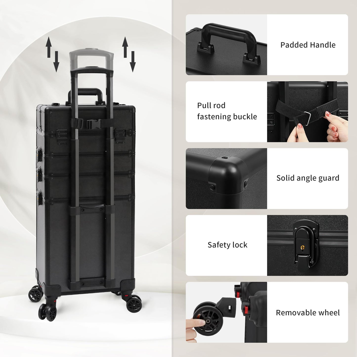 JINGUAN Rolling Makeup Train Case Large Storage Cosmetic Trolley 5 in 1 Large Capacity Trolley Makeup Travel Case with Key Swivel Wheels Salon Barber Case Traveling Cart Trunk, Black