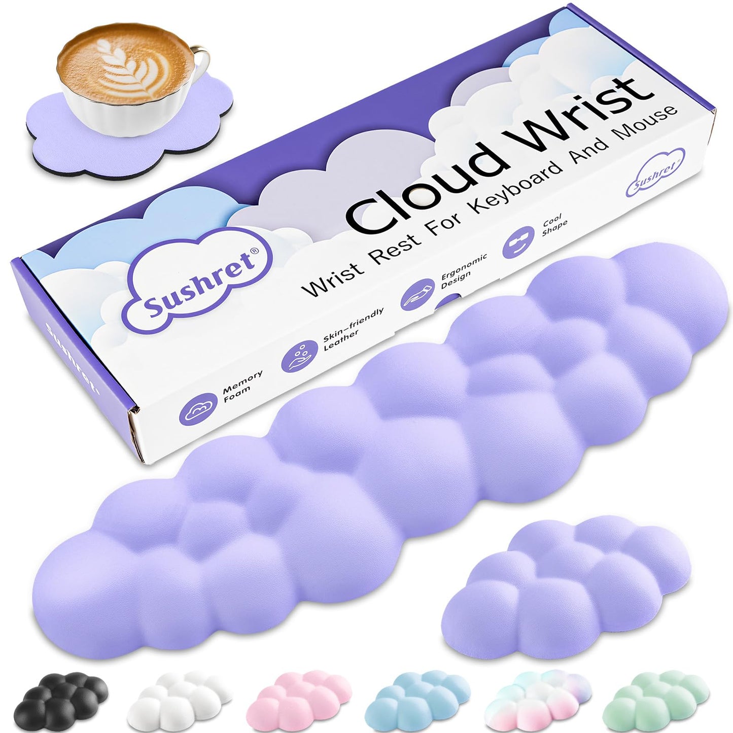 Cloud Wrist Rest Keyboard, Cloud Keyboard Wrist Pad Set with PU Leather Memory Foam, Cute Arm Rest for Palm Support, PC/Gaming Desk Accessories/Office Setup/Computer Hand Cushion - White