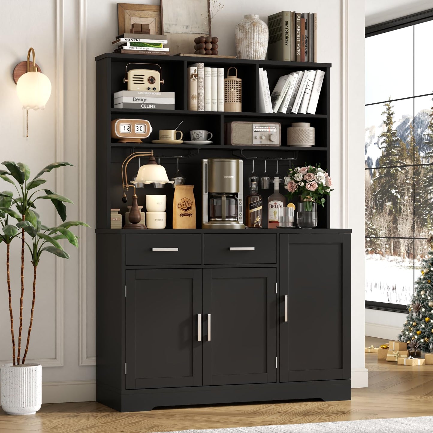 Kitchen Pantry Storage Cabinet with 2 Drawers, Tall Kitchen Hutch Cabinet with Microwave Shelf, Modern Buffet Cabinets with Goblet Holders, Food Pantry with Adjustable Shelves for Dining Room, Black
