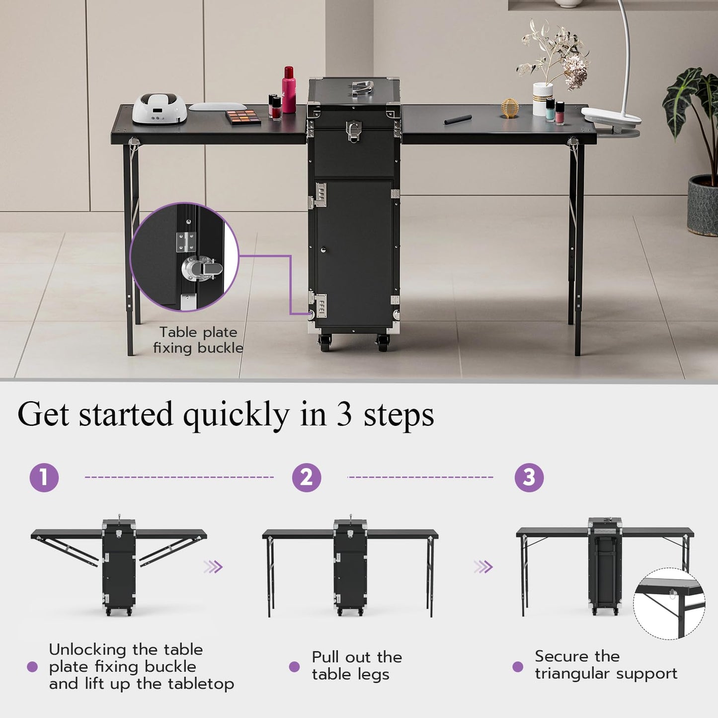 Icoget Portable Nail Table Desk, Foldable Rolling Manicure Table with Wheel, Makeup Train Case for Nail Teach, 2 Desktop Cosmetic Trolley Case, Black