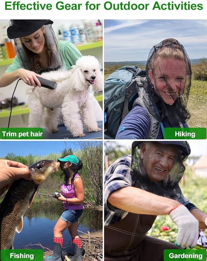 Wohohoho Mosquito Head Net Mesh With Drawstring, Bug Face Shield for Hats, Beekeeper Mask Protection for Men & Women Against Midges, Bugs & Gnats (2 Packs, Black, Updated Big Net)