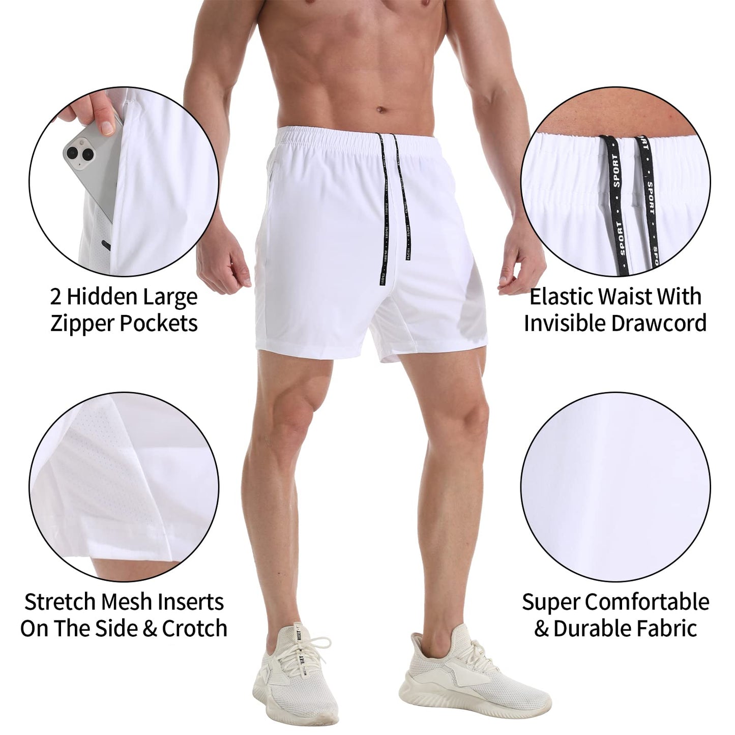 VPOS Gym Shorts for Men 5 Inch - Lightweight Mens Athletic Shorts Quick Dry Workout Running Shorts with Zipper Pockets (White, Large)