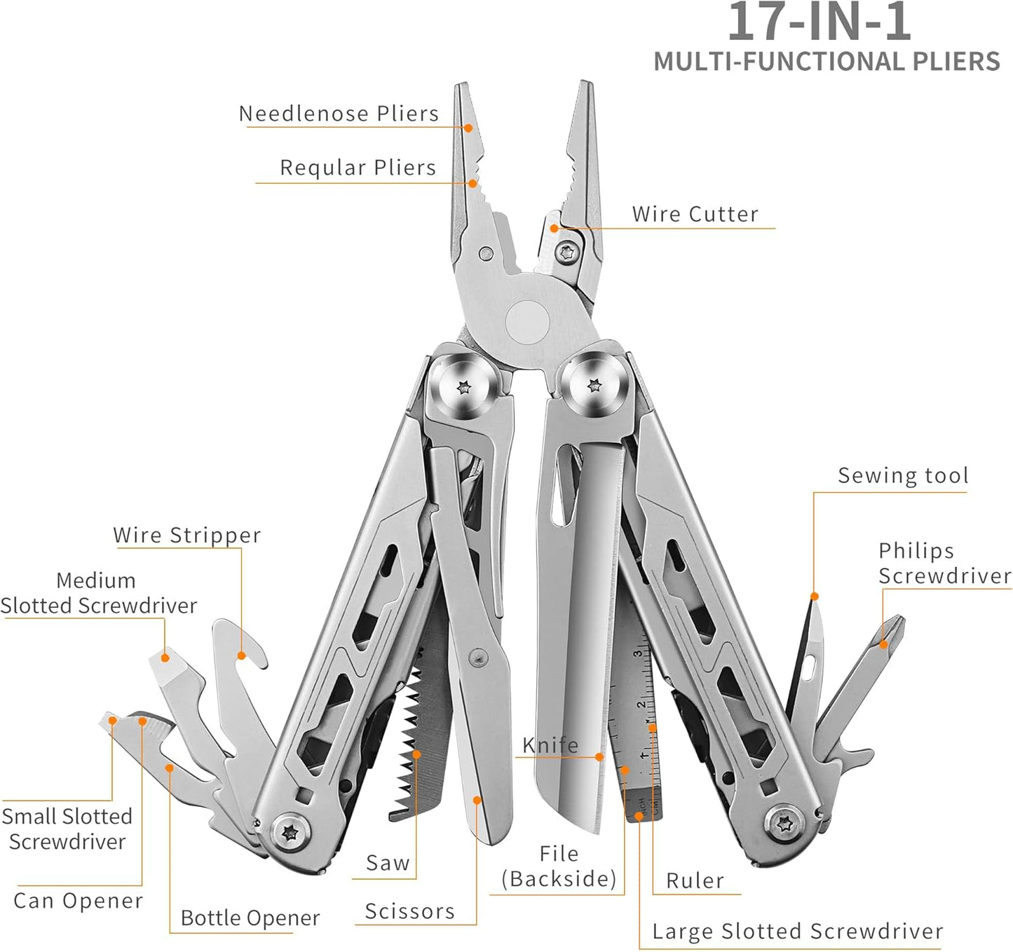 17-In-1 Multitool Pliers, Heavy Duty Multi Tool with Self-Locking Design Sheath, for EDC Survival Camping Hiking, Stocking Stuffers for Men Women