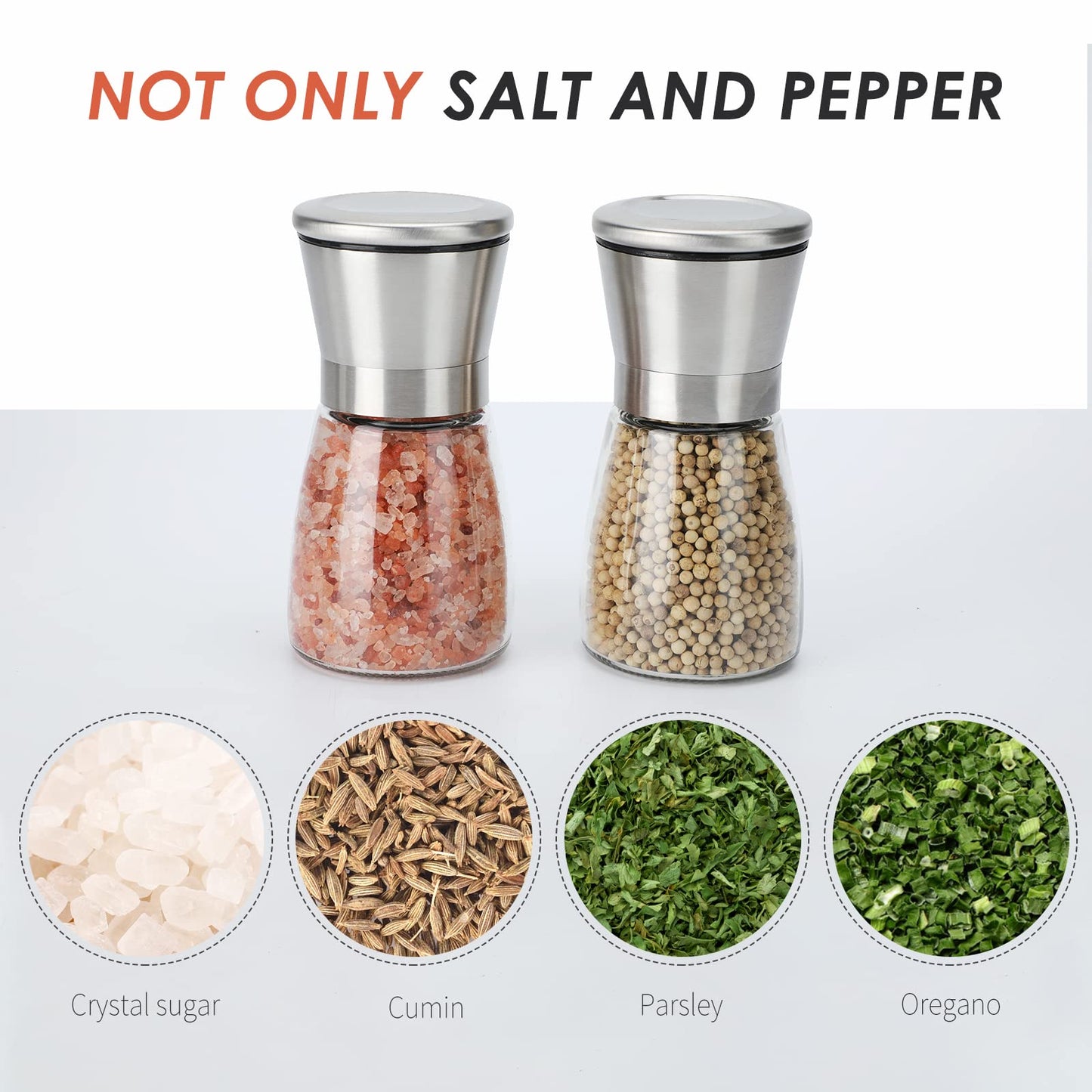 Ebaco Salt and Pepper Grinder Set - Refillable Grinder Adjustable Coarseness of Pepper Salt Spice Stainless Steel Mills Glass 6oz（2 Pack）