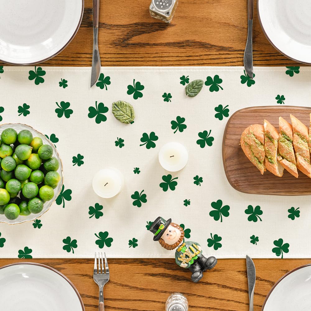 Artoid Mode Beige Lucky Shamrock St. Patrick's Day Table Runner, Seasonal Spring Holiday Kitchen Dining Table Decoration for Indoor Outdoor Home Party Decor 13 x 36 Inch
