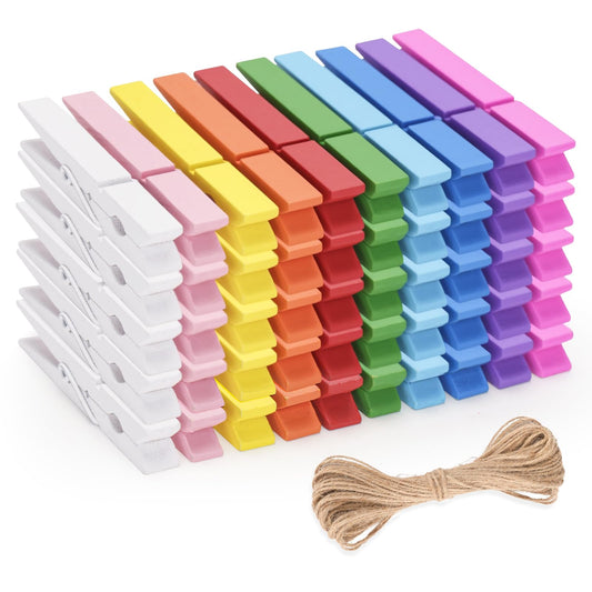 jijAcraft Colored Wooden Clips with String, 50Pcs 2.9Inch Large Clothes Pins, 10 Colors Photo Display Hanging Clips, Craft Decoration Wooden Clips for Baby Shower, Birthday, Wedding