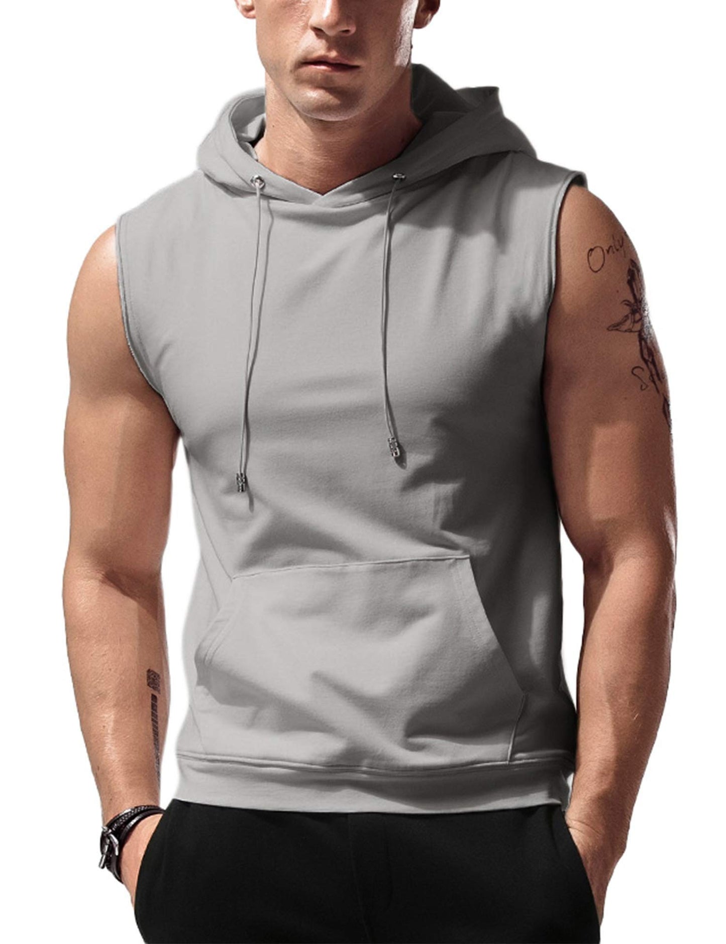Amussiar Men's Fitness Sport Sleeveless Hoodie Vest Gym Running Training Hooded Tank Top Bodybuilding Cotton Muscles Shirt Grey