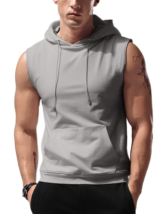 Amussiar Men's Fitness Sport Sleeveless Hoodie Vest Gym Running Training Hooded Tank Top Bodybuilding Cotton Muscles Shirt Grey