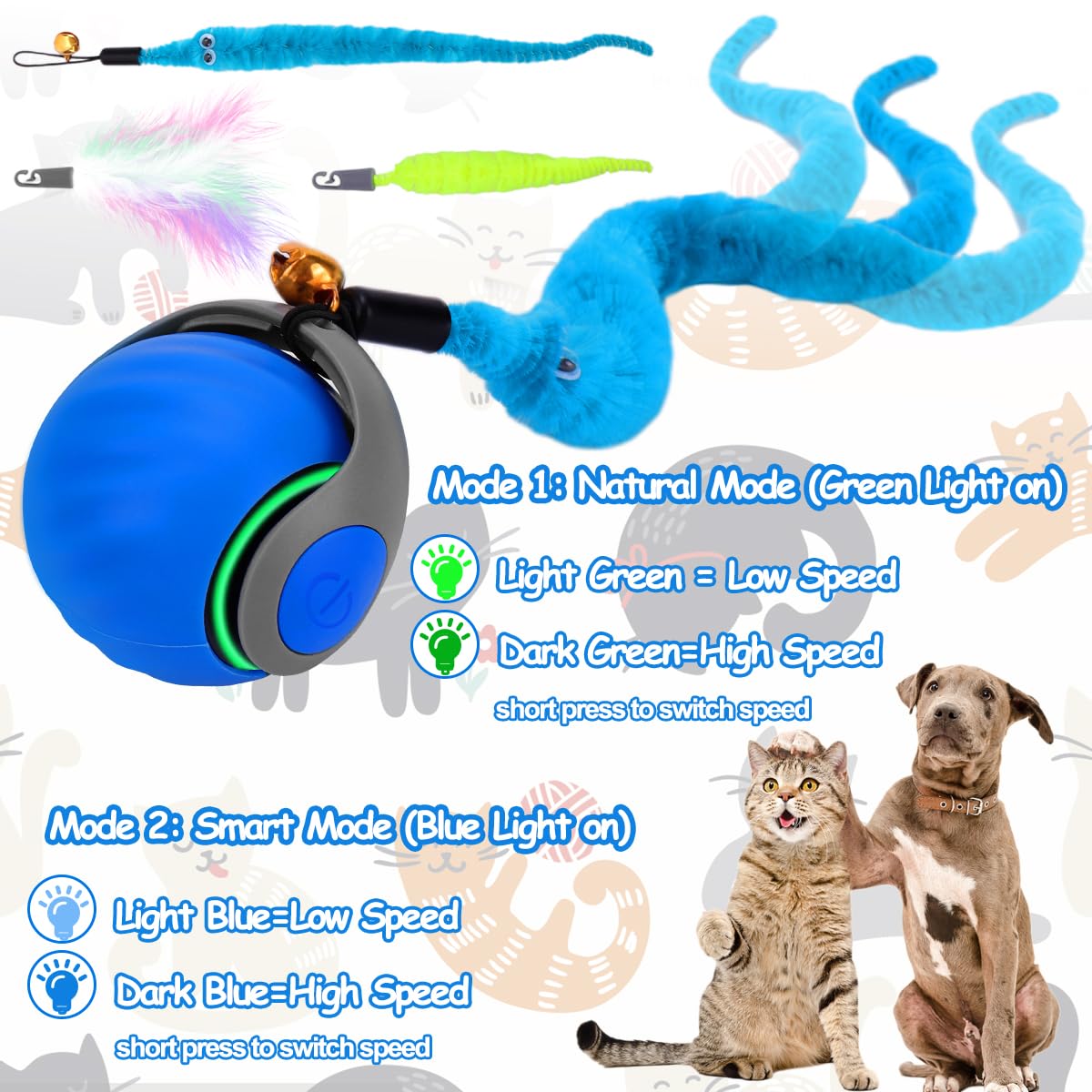Interactive Cat Toy Ball - Speedy Cat Toys for Indoor Cats with Feather Tails for Chasing, Moving Stimulation Smart Cat Toy for Enrichment, Motion Activated Automatic Rolling Toys to Keep Them Busy