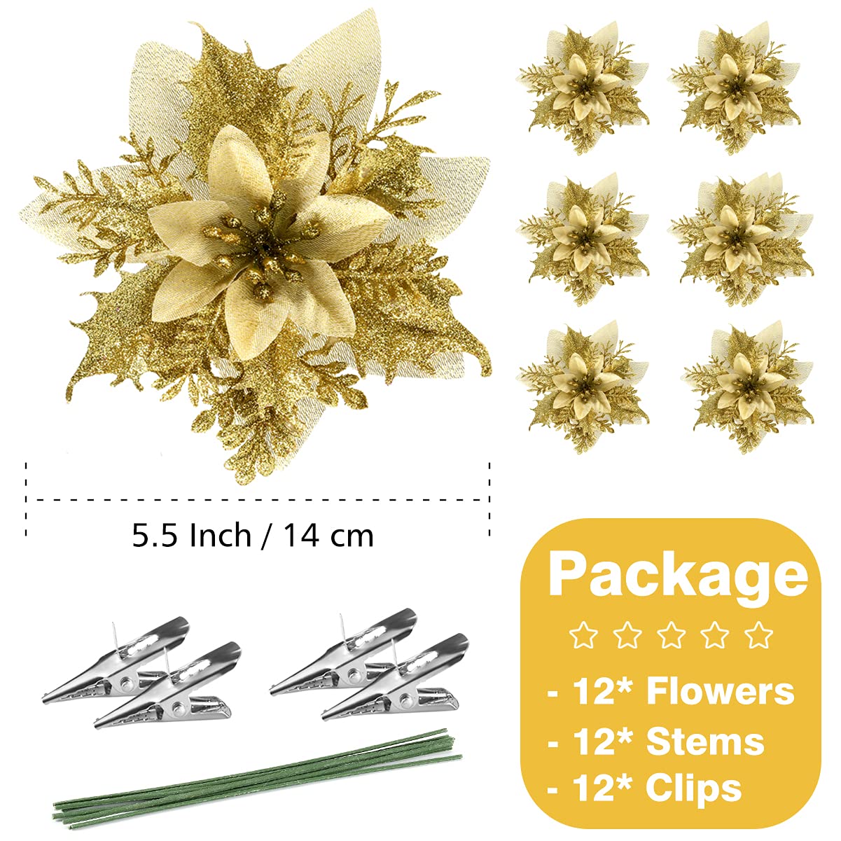 FurRain Christmas Poinsettia Artificial Flowers Decorations 5.5" Christmas Tree Wreaths Garland Decoration 12 Pcs Glitter Flowers Picks Decor for Xmas New Year Wedding Party Ornaments (Gold)