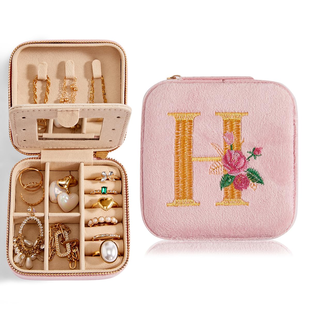 Smileshe Personalized Gifts for Mom Mothers Day, Birthday Gifts, Graduation Gifts for Girls Fashion, Travel Gifts for Teen Girls Trendy Stuff, Velvet Jewelry Box with Flower, Letter J, Pink