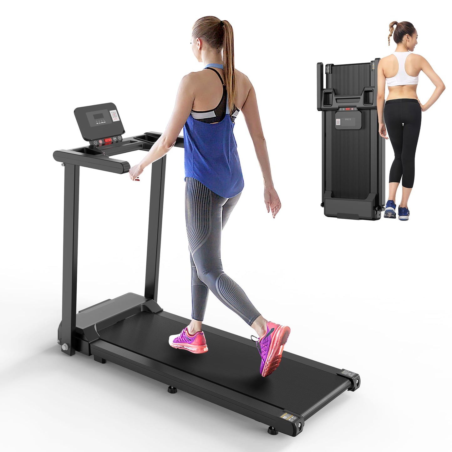 FYC Folding Treadmill with Handles, Treadmills for Home Small Spaces, 2.5HP Foldable Treadmills with LED Display, 300 LBS Capacity, Walking Pad Treadmill with Handle Bar