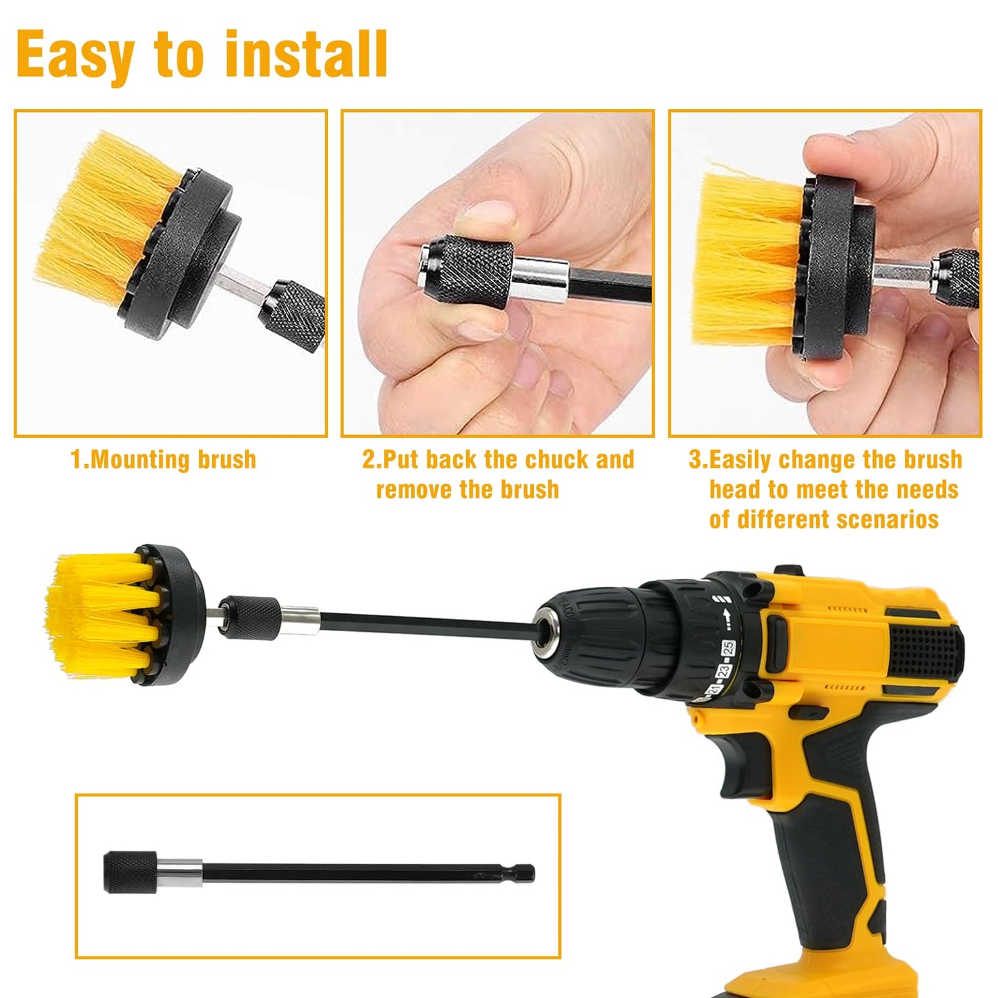 ETOUPA 8 Pcs Drill Brush Attachment Set, Power Cleaning Scrub Brush Kit with Extend Long Attachment, All Purpose Drill Scrub Brushes for Car, Grout, Floor, Tub, Bathroom and Kitchen (Yellow)