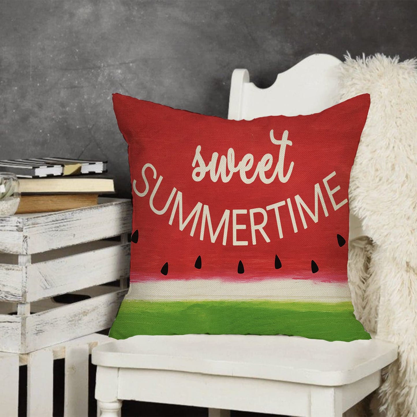 Softxpp Sweet Summer Time Decorative Throw Pillow Cover, Red Watermelon Sign Cushion Case Seasonal Rustic Home Decorations, Green Farmhouse Square Pillowcases Cotton Linen Decor for Sofa Couch 18 x 18