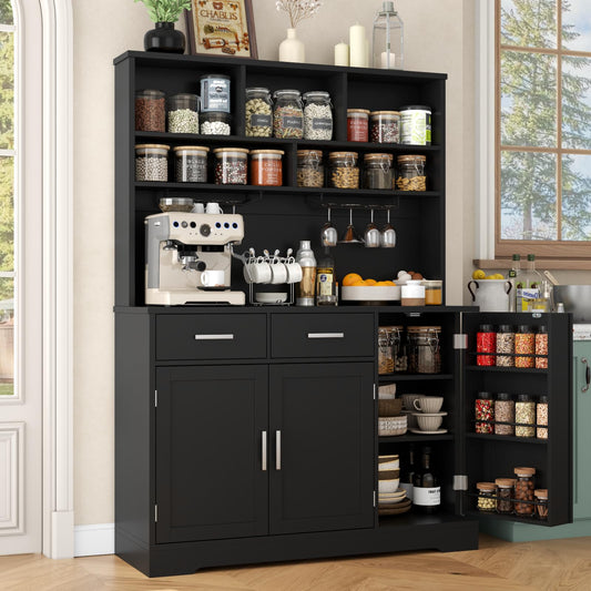 Kitchen Pantry Storage Cabinet with 2 Drawers, Tall Kitchen Hutch Cabinet with Microwave Shelf, Modern Buffet Cabinets with Goblet Holders, Food Pantry with Adjustable Shelves for Dining Room, Black