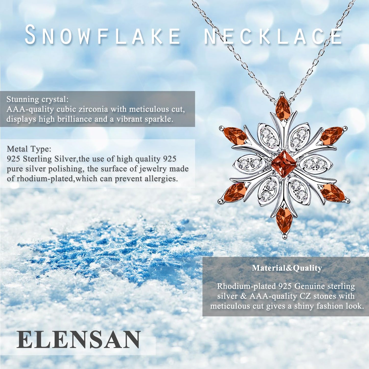 Elensan Women's 925 Sterling Silver Blue Crystals Snowflake Pendant Fashion Necklace Collarbone Chain (Red)