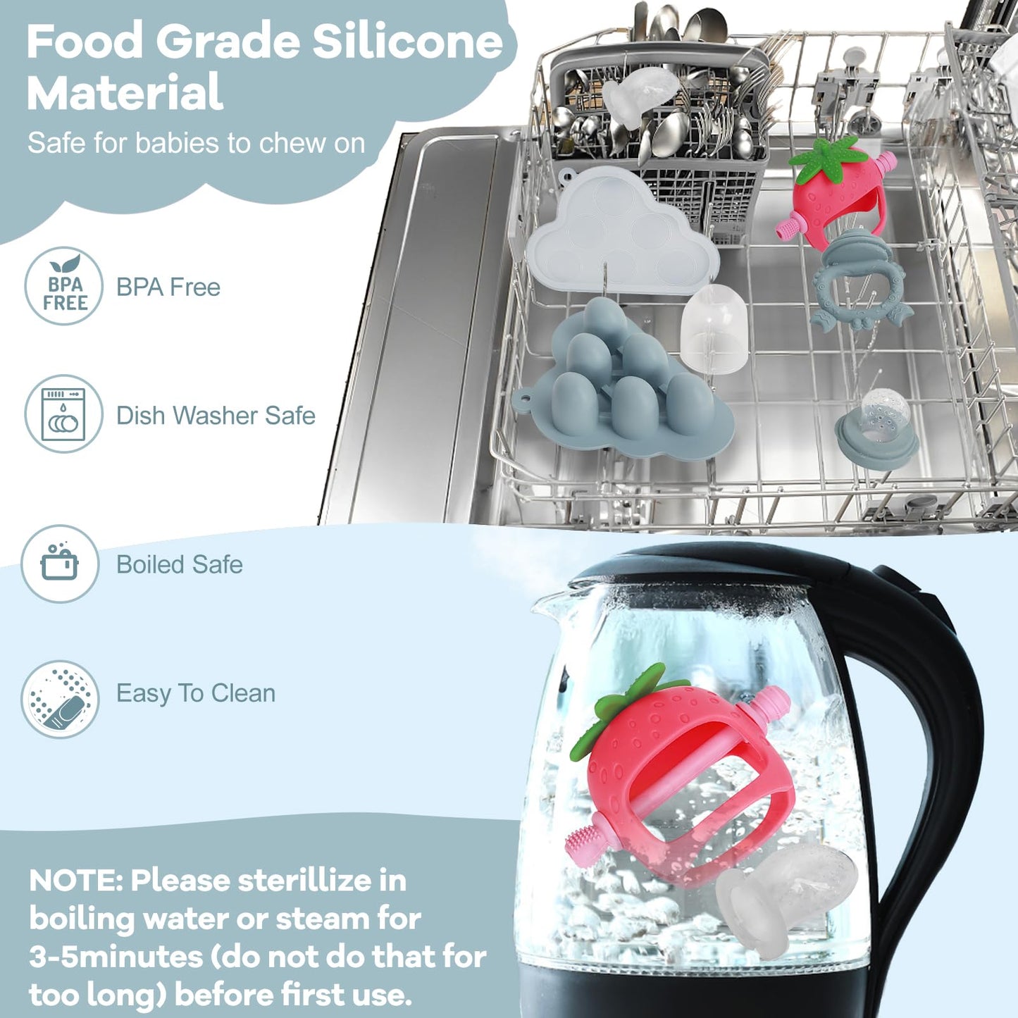 Baby Teething Toys and Fruit Feeder Breastmilk Popsicle Mold Set, Silicone Teether Food Feeder Pacifier Teething Relief Toy Set with Frozen Tray Baby Feeding Teething Essentials for 0+ Months