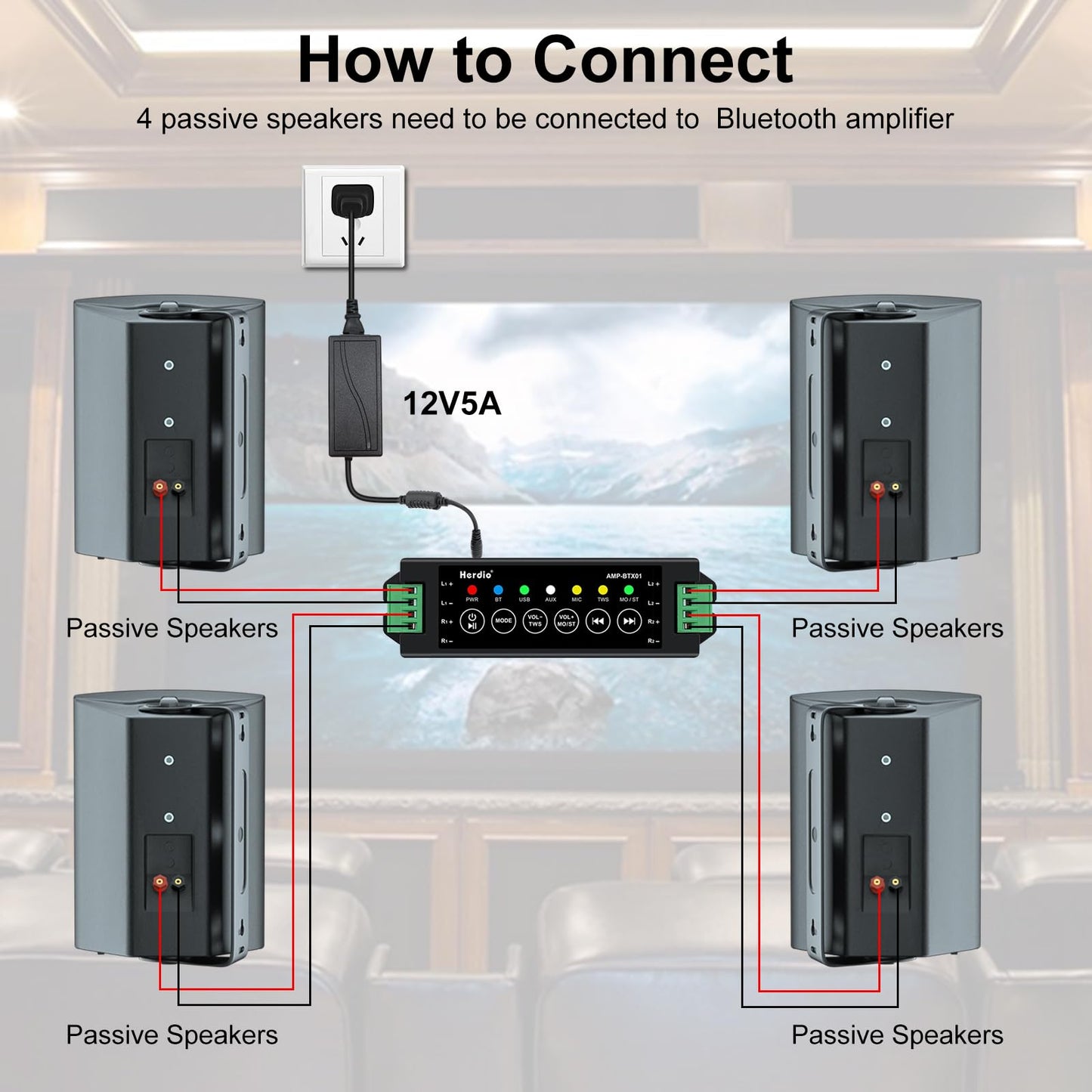 Herdio 5.25 Inch 600W Outdoor Bluetooth Speakers Waterproof Wired Wall Mount Weatherproof Loudspeaker System for Indoor- Outdoor Garden Poolside Patio Garage Home(4 Speakers,Black)