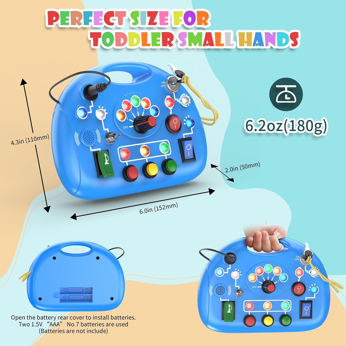 JIWORT Busy Board with LED Light, Montessori Busy Board for 1+ Year Old, Sensory Toys for Toddlers 1-3, Fidget Board Travel Toys for Kids Preschool Learning Activities Boys Birthday (Blue)