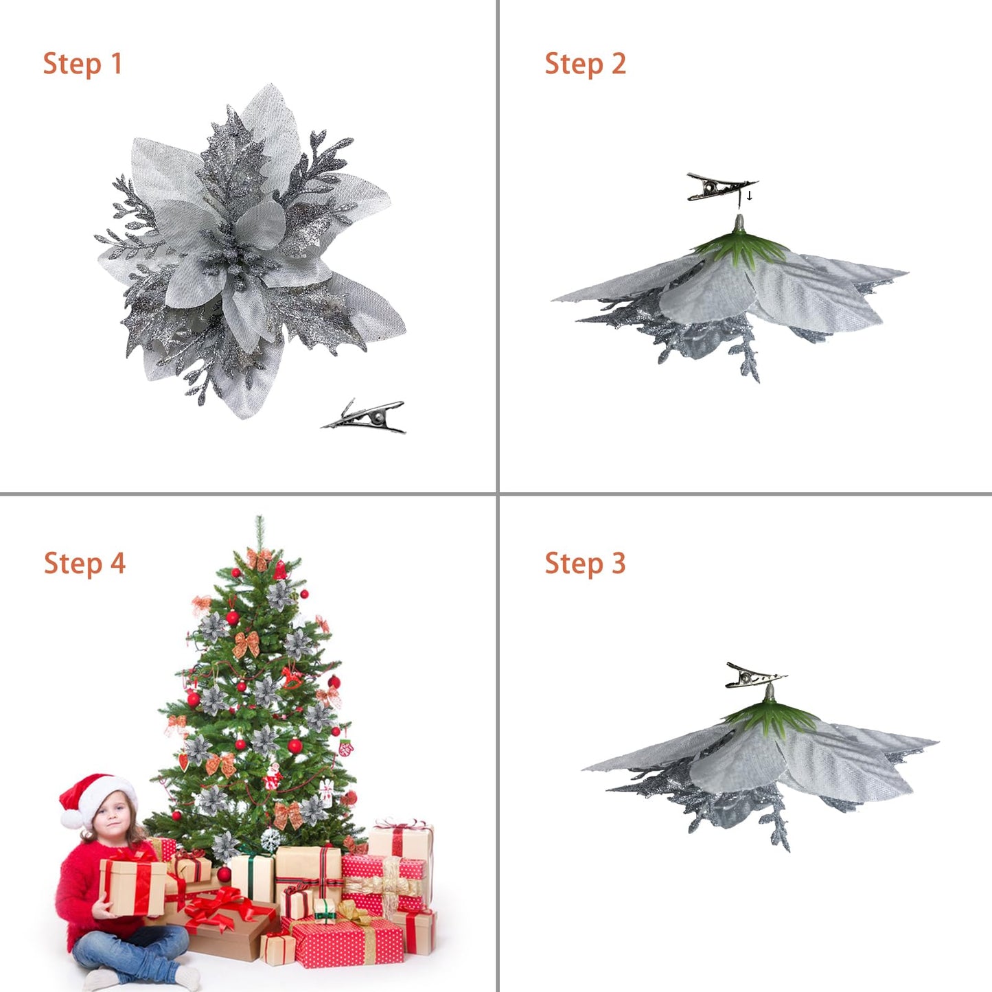 YUAGOLLE Christmas Artificial Poinsettia Flowers: 12pcs Silver Poinsettia With Clips Silk Glitter Picks Fake Floral, For Decorations, Xmas tree decor, Wreath Garland Bulk, Wedding, New Year ornaments.