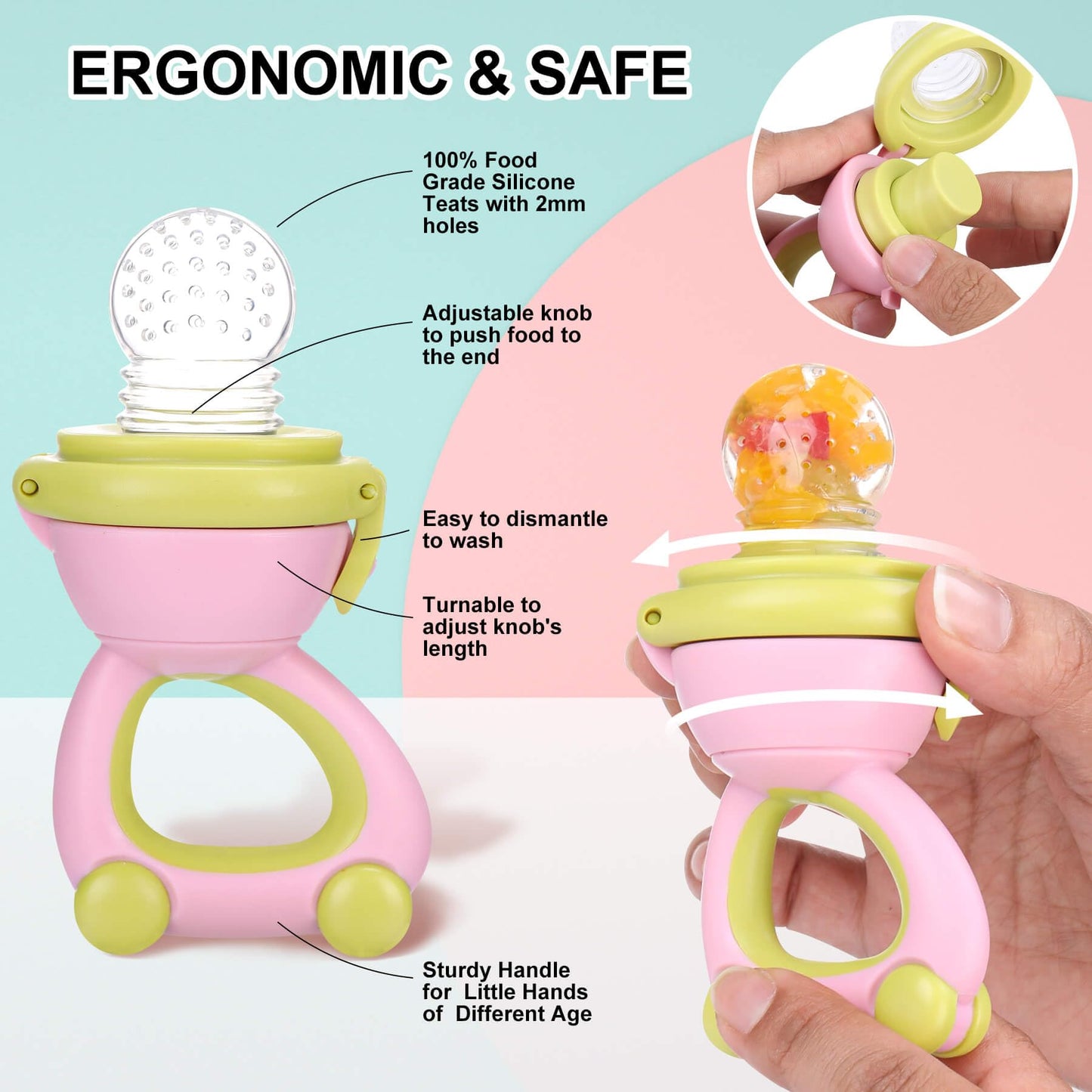 Baby Fruit Food Feeder Pacifier - Fresh Fruit Teething Toy 6M+, BPA Free Safely Introduce Solids Teething Relief Toy Includes Add Silicone Sacs, 2-Pack (Light Pink)