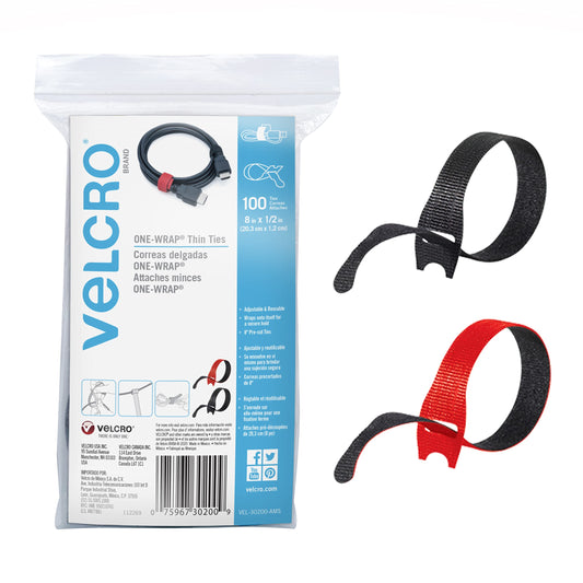 VELCRO Brand ONE-WRAP Cable Ties, 100Pk, 8 x 1/2" Black Cord Organization Straps, Thin Pre-Cut Design, Wire Management for Organizing Home, Office and Data Centers