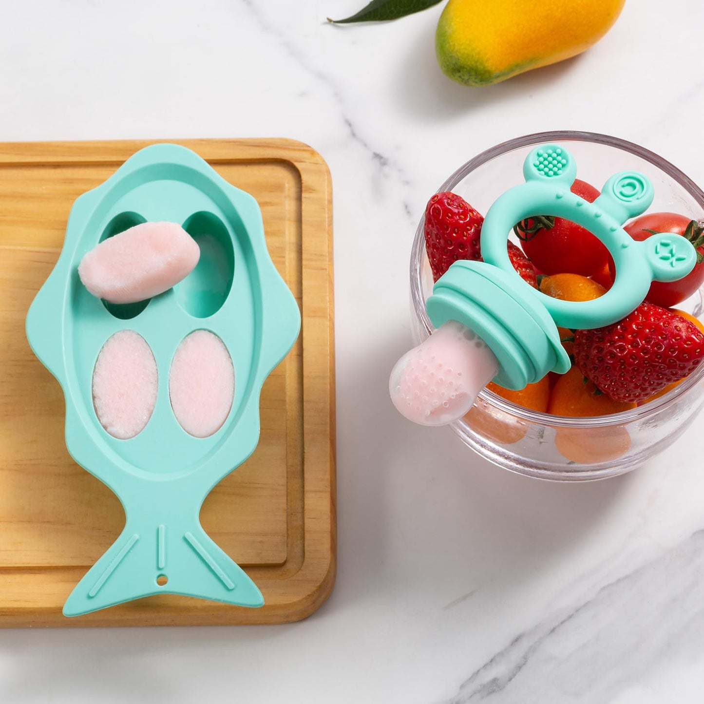 Baby Fruit Feeder, with Mini Freezer Tray, Silicone Teething Toys, Breastmilk Popsicle Molds for Baby Teething Relief, Includes 4 Mesh Pacifier