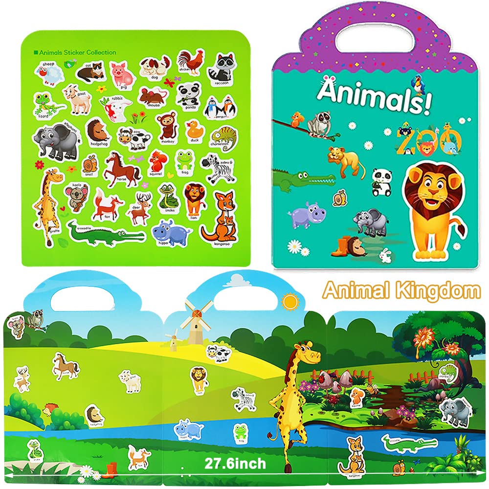 Reusable Sticker Books for Kids, 4 Sets Removable Toddler Sticker Book for Girls Boys Educational Learning Toys - Vehicle, Farm, Dinosaur & Zoo Animal