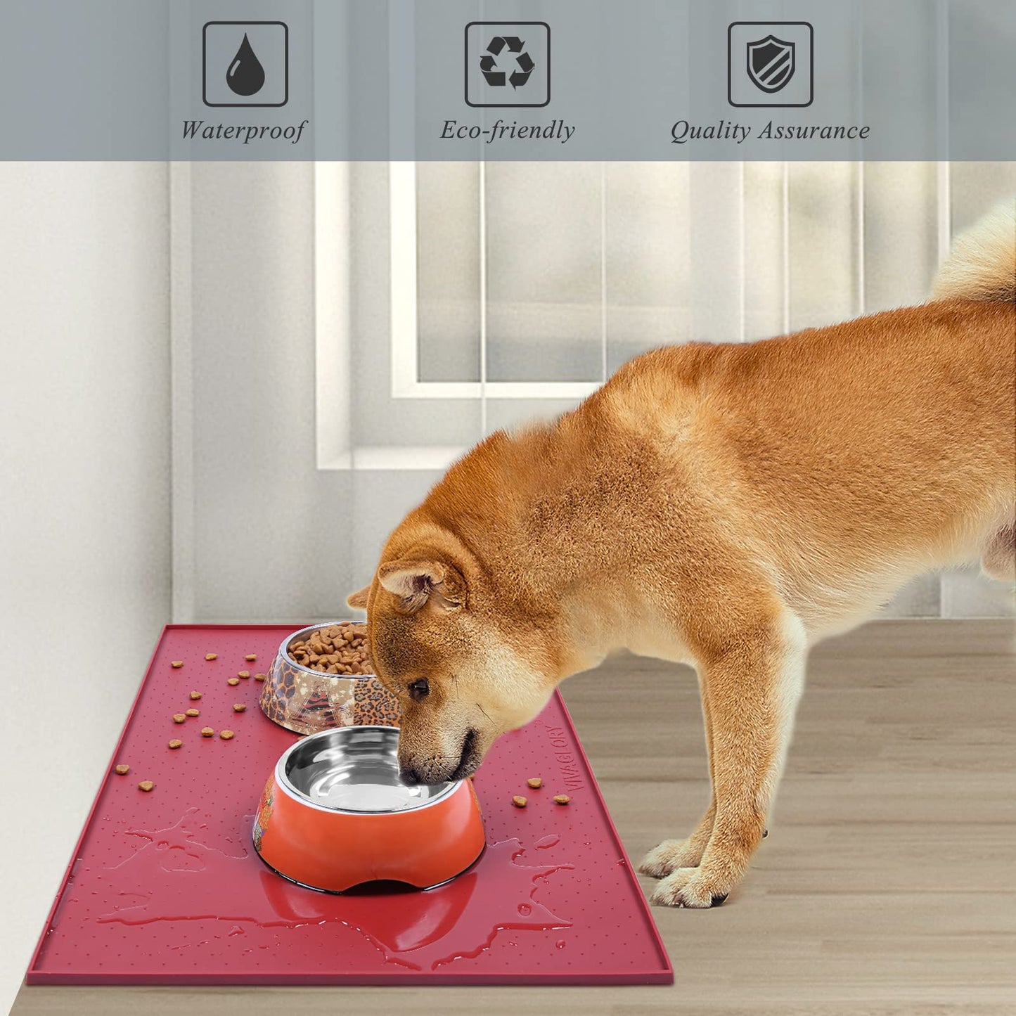 VIVAGLORY Dog Food Mat, Cat Dog Feeding Mat, Waterproof Non-Slip Food Grade Silicone Mat Placemat with Raised Edge, Anti-Messy Pet Bowl Mat for Food and Water, Burgundy, S(19"x12")