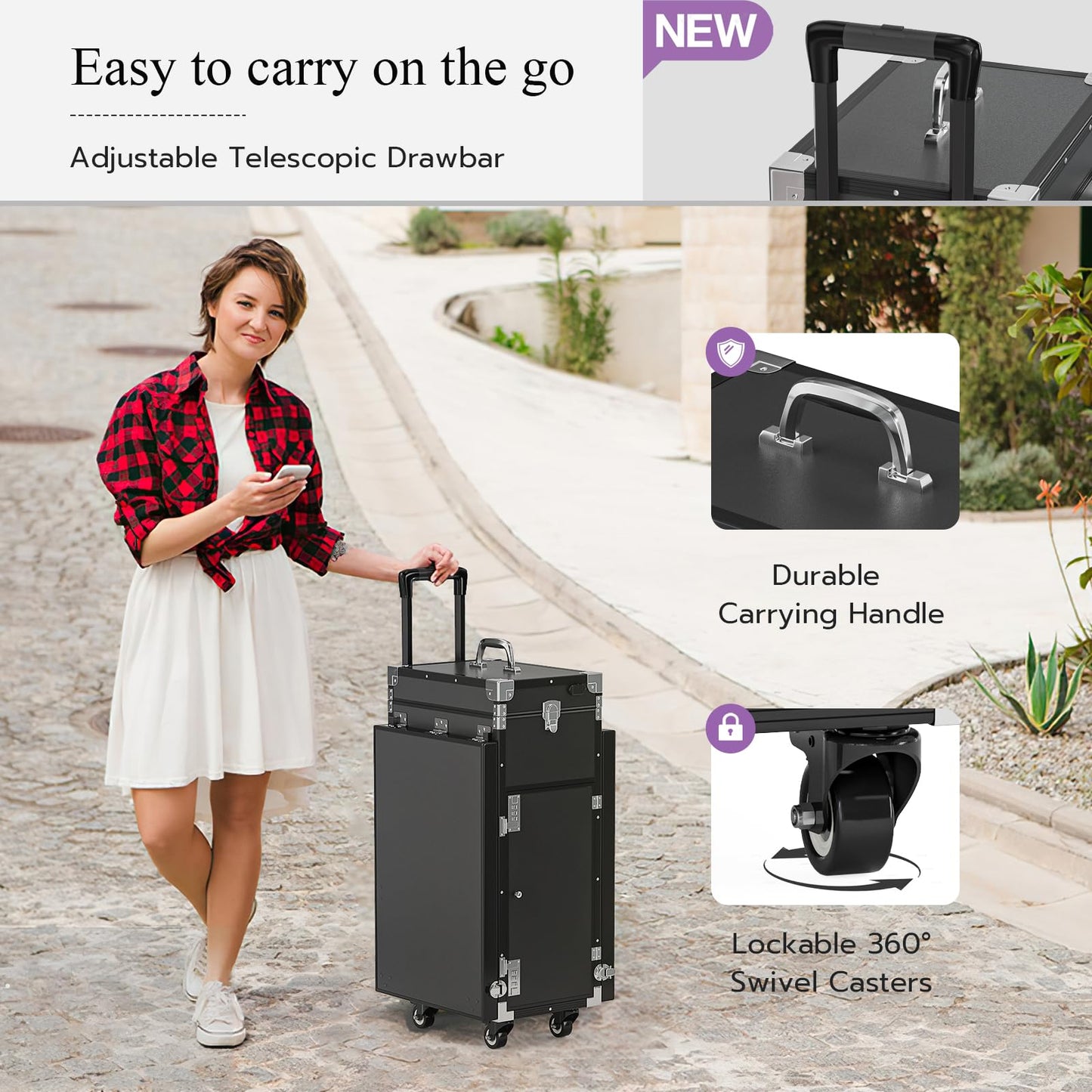 Icoget Portable Nail Table Desk, Foldable Rolling Manicure Table with Wheel, Makeup Train Case for Nail Teach, 2 Desktop Cosmetic Trolley Case, Black