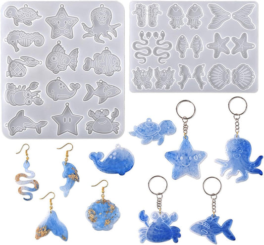 2pcs Resin Jewelry Earring Silicone Molds - Ocean Series Shell Turtle Crab Shrimp Dolphin Pendant Molds for Jewelry Making Gift Supplies DIY Craft Necklace Pendant