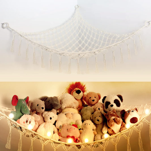 Cotton Stuffed Animal Organizer, Handmade Macrame Hanging Net Hammock for Toy Storage, Boho Decor Room Holder, Triangular, Black, Large, 57x42 inches, 10 lbs Capacity