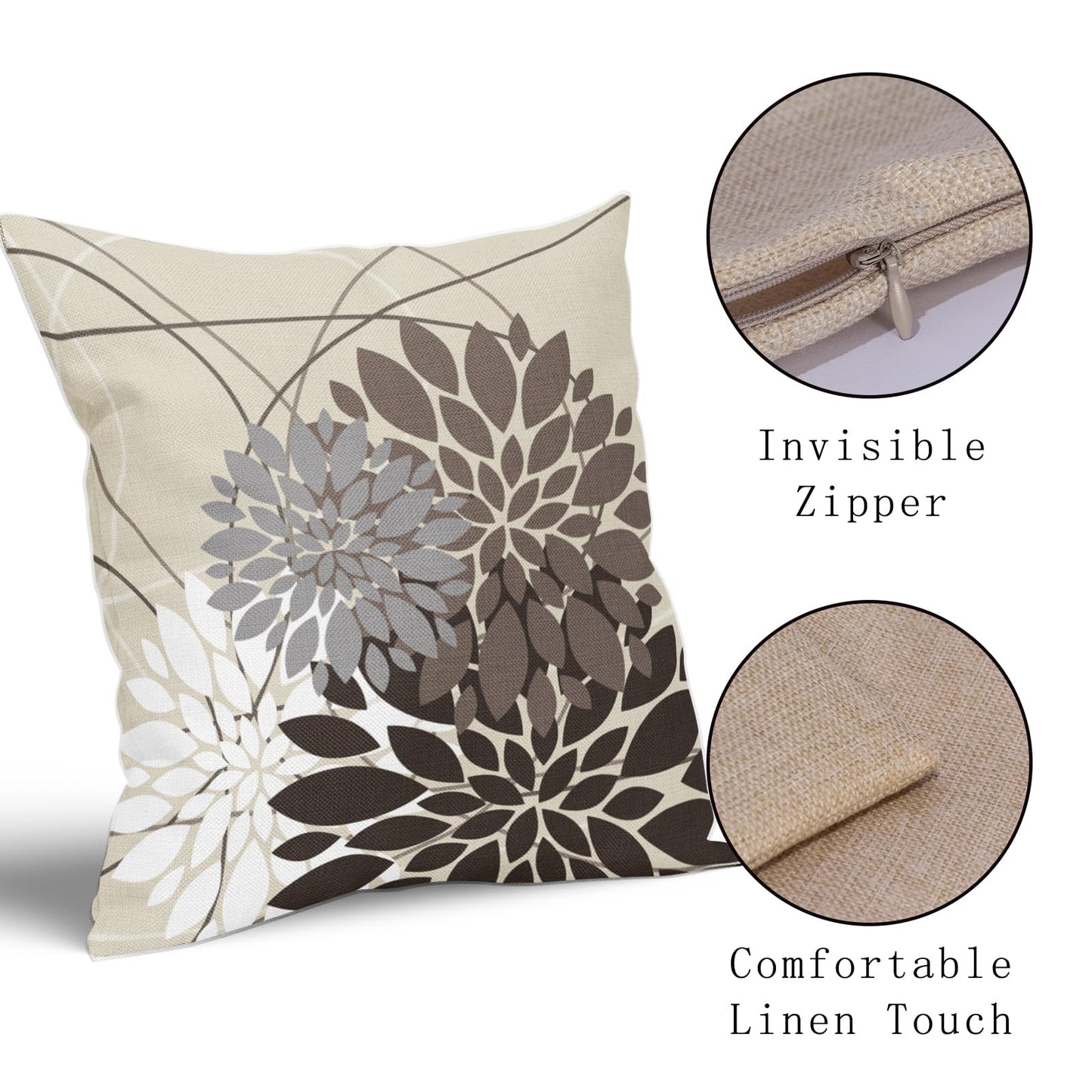 Dark Brown Flower Pillow Covers 18x18 Grey Gray White Dahlia Floral Spring Decorative Throw Pillows Farmhouse Outdoor Seasonal Decor for Home Sofa Bed Couch Modern Square Cushion Cases, Set of 2