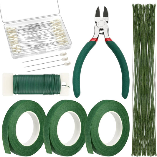 PAXCOO Floral Arrangement Kit with Green Tape and Wire, Boutonniere Flower pin, Wire Cutter for Wreath Making Supplies