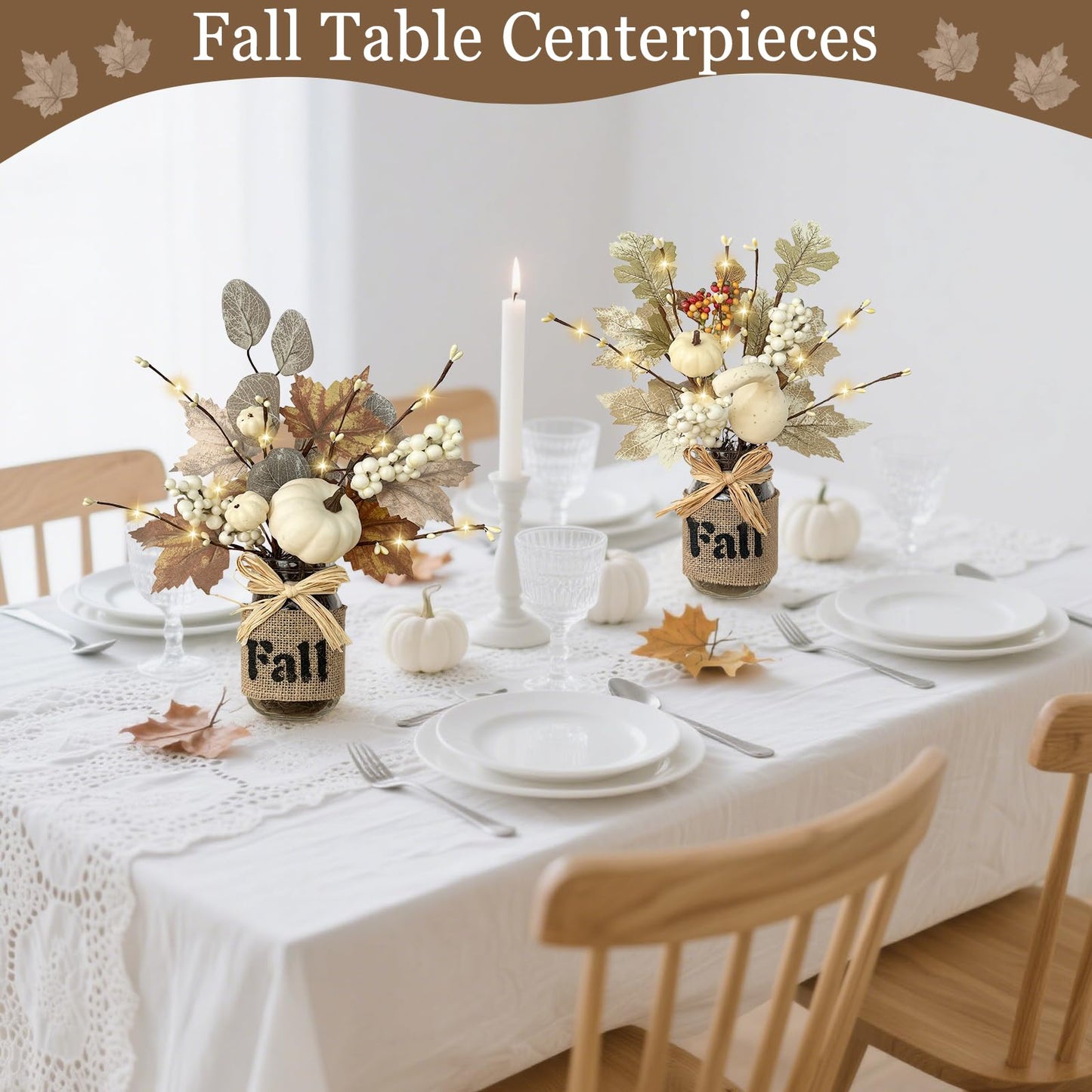 2 Pack 13.5 Inch Fall Decorations for Home Fall Table Centerpieces with 20 LED Lights Timer, Mason Jar with Maple Leafed Pumpkins Berried for Fall Thanksgiving Dining Table Decor Coffee Table Bathroom