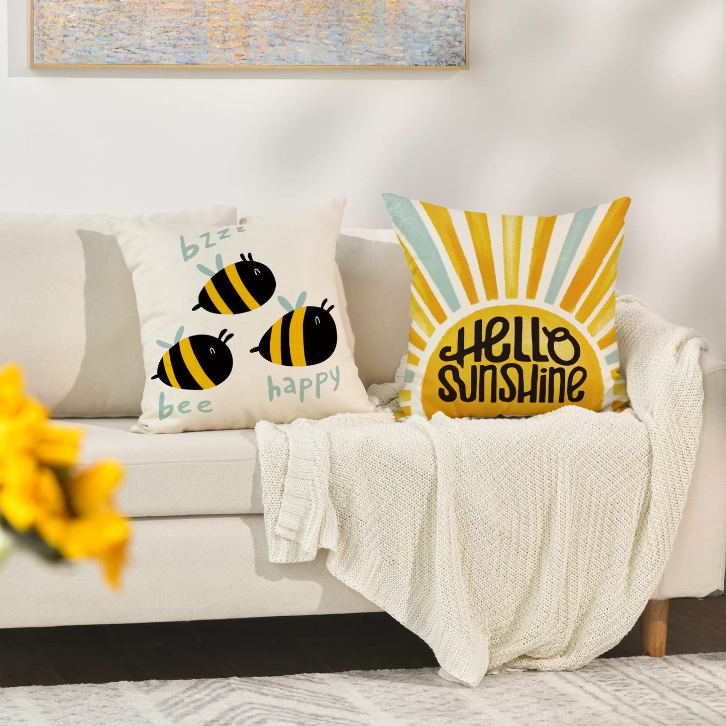 AVOIN colorlife Bee Happy Hello Sunshine Throw Pillow Covers, 18 x 18 Inch Honeycomb Sunshine Summer Cushion Case for Sofa Couch Set of 4